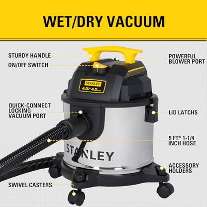 STANLEY 4 Gallon Wet Dry Vacuum, 4 Peak HP Stainless Steel 3 in 1 Shop Vacuum Blower with Powerful Suction, Vacuum for Job Site, Garage, Basement, Workshop, Top Handle, Portable Wet Dry Vac SL18301-4B - size: 4 Gallon, 4.0 HP