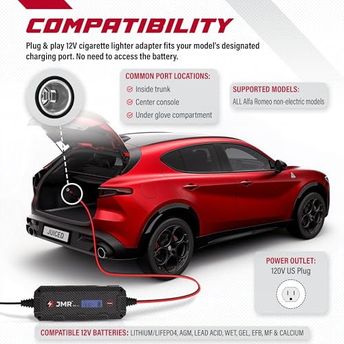 JMR 12V Battery Charger for Alfa Romeo, 12V Cig. Port, Add Lithium Mode | Trickle Charger Conditioner Maintainer For Stelvio Giulia Giulietta Tonale 4C MiTo 8C Brera 159 GT 147 166 156 All Models - size: Add Lithium Mode
