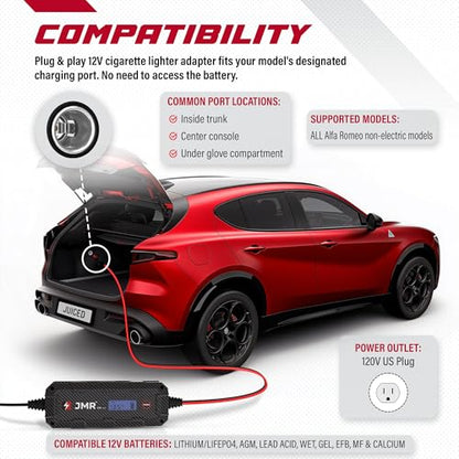 JMR 12V Battery Charger for Alfa Romeo, 12V Cig. Port, Add Lithium Mode | Trickle Charger Conditioner Maintainer For Stelvio Giulia Giulietta Tonale 4C MiTo 8C Brera 159 GT 147 166 156 All Models - size: Add Lithium Mode