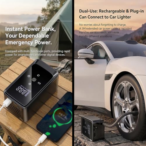 Tire Inflator Portable Air Compressor, Dual Power 12V DC/Rechargeable | Digital Display Gauge Car Tire air Pump, Battery Operated, LED Work Light, for Car Tires, SUV, Motorcycles, Bicycles, Balls