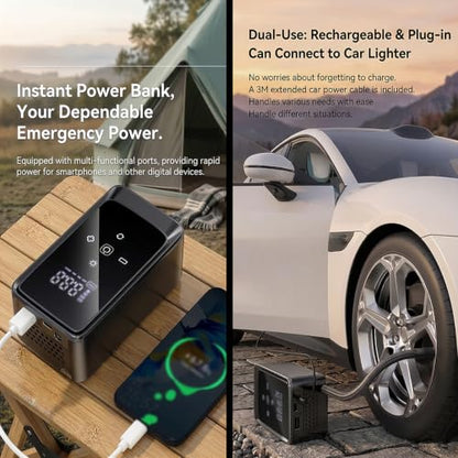 Tire Inflator Portable Air Compressor, Dual Power 12V DC/Rechargeable | Digital Display Gauge Car Tire air Pump, Battery Operated, LED Work Light, for Car Tires, SUV, Motorcycles, Bicycles, Balls