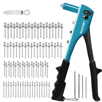 Rivet Gun, Rivet Gun Kit, Pop Rivet Gun, 80PCs Metal Rivets and 4 Drill Bits, Heavy Duty Hand Riveter, Rivet Gun Tool for Metal, Automotive, Blind Rivets 3/32" 1/8" 5/32" 3/16" - size: Pop Rivet Gun