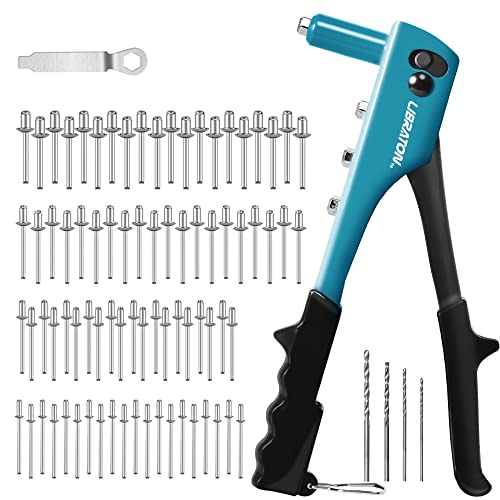 Rivet Gun, Rivet Gun Kit, Pop Rivet Gun, 80PCs Metal Rivets and 4 Drill Bits, Heavy Duty Hand Riveter, Rivet Gun Tool for Metal, Automotive, Blind Rivets 3/32" 1/8" 5/32" 3/16" - size: Pop Rivet Gun