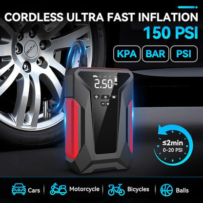Jump Starter with Air Compressor, 4000A Car Battery Jump Starter for 12V Vehicles, Portable Battery Booster (9.0L Gas/8.0L Diesel), 150 PSI Tire Inflator, LCD Display, USB-C, LED Light (Black)
