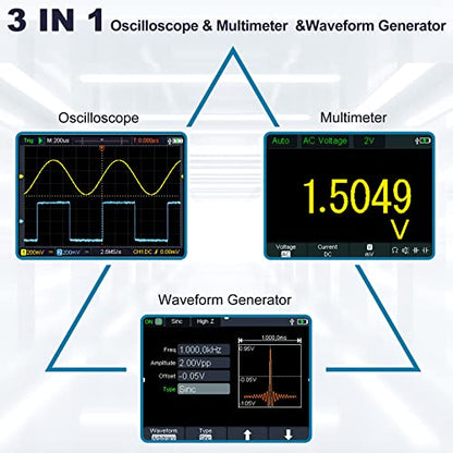 HANMATEK 3 in 1 Handheld Oscilloscope Multimeter with 2 Channels HO52S 3.5"TFT Oscilloscop, 50Mhz Waveform Generator Multimeter Backlit Screen, Auto-Calibration Function, Memory Function, Multi Tester - style: Professional 50 Mhz+Generator