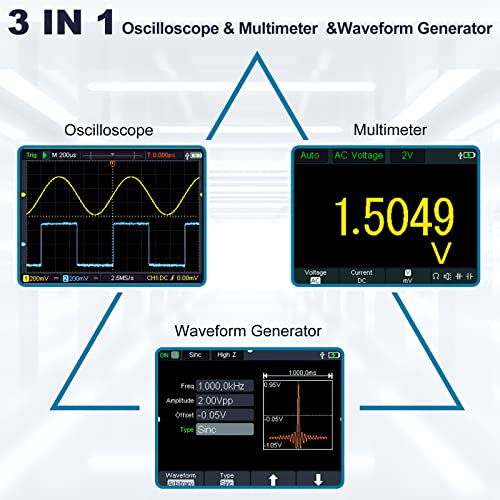 HANMATEK 3 in 1 Handheld Oscilloscope Multimeter 100Mhz Waveform Generator Oscilloscope with 2 Channels 3.5" TFT, HO102S Professional oscilloscope Multimeter with Memory Function - style: 100 Mhz+Generator