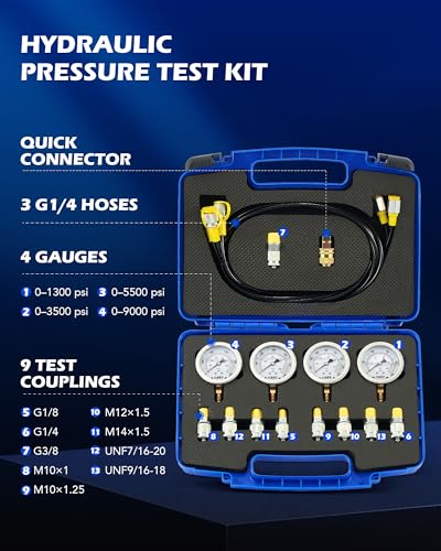 OMT Hydraulic Pressure Test Kit with 4 Gauges Up to 9000 PSI, 9 Couplings | Stainless Steel Dials; Glycerin Shockproof Display; Excavator Maintenance; Heavy Duty Mechanics; 5.2ft Reinforced Tubing - size: 1300 3500 5500 9000 Psi