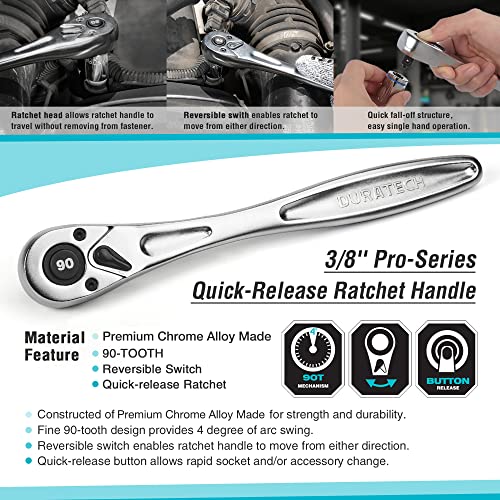 DURATECH 3/8-Inch Drive Ratchet Handle, Ratchet Socket Wrench | 90 Tooth, 8-3/8" Length, Heavy Duty, Professional Ratchets, Quick-Release Reversible, Chrome Alloy Made, Polished Chrome - size: 3/8"(Matte)