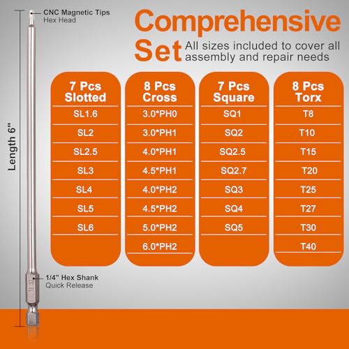 Wayona 30 Pcs Assortment Screwdriver Bit Set Portable 6 Inch Long Torx Bit Set S2 Alloy Steel Magnetic Allen Wrench Drill Bit Set Impact 1/4 Hex Shank Bit Set for DIY Home Use - size: 6 Inch Long