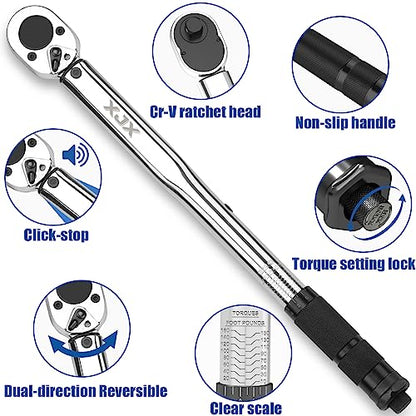 XJX 1/2-Inch Drive Click Torque Wrench Set, 10-160FT-LB/13.6-217.1Nm Torque Wrench