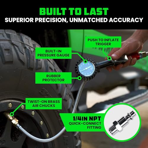 Rhino USA Tire Pressure Gauge with Inflator (0-100 PSI) - Braided Hose | Heavy Duty Air Chuck & Compressor Accessories. Stainless Braided Hose, Large Analog Dial, Solid Brass Hardware. - style: 100psi Analog