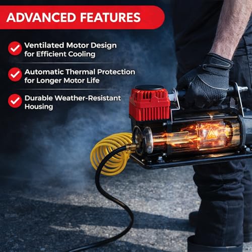 12V Portable Air Compressor 5.65 CFM – Heavy Duty Battery Clamp Tire Inflator for Truck, SUV, 4x4 Off-Road & Overlanding – Fits 35 Inch Tires – 150 PSI with Gauge & Storage Bag