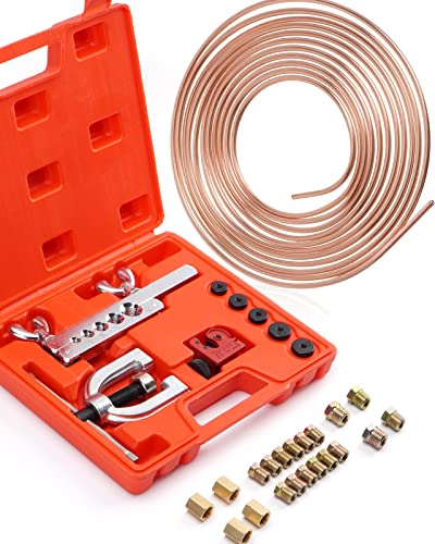 25 ft 1/4" Copper Coated Brake Line Kit (Includes 16 Fittings and 4 Unions Brake Line Fittings) + Brake Line Double & Single Flaring Tool Kit - size: 1/4" Brake Lines