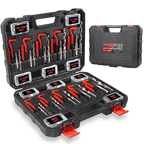 Thread Repair Kit, 261-Piece HSS Drill Helicoil Repair Kit SAE & Metric 1/4" 5/16" 3/8" 7/16" 1/2" M5 M6 M8 M10 M12 with HSS Drill Threaded Inserts Screw Tap Installation and Tang Break Tool