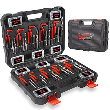 Thread Repair Kit, 261-Piece HSS Drill Helicoil Repair Kit SAE & Metric 1/4" 5/16" 3/8" 7/16" 1/2" M5 M6 M8 M10 M12 with HSS Drill Threaded Inserts Screw Tap Installation and Tang Break Tool