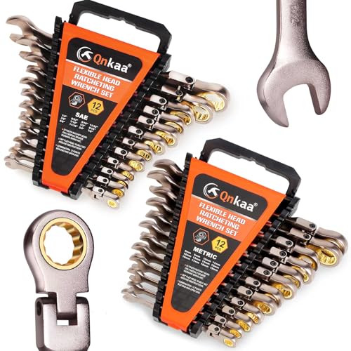 Qnkaa Flexible Ratcheting Wrench Set 24pcs Metric 8-19mm & SAE 1/4” to 7/8“ | Flex-Head Spanner Gear Ring Ratchet Combination Wrenches Kit with Portable Organizer - style: Metric+SAE 24pcs