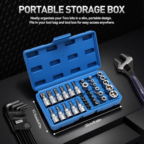 34-Piece 3/8'' Drive Torx Star Bit sockets CR-V E-Socket Set, E4-20, T10-60, Tamper Proof Set TT10-TT55, 5/16"F to 3/8"M adapter with Storage Case,S2 Steel, Ideal for Car,Trucks,Home Improvement | CR-V E-Socket Set, E4-20, T10-60, Tamper Proof Set TT10-TT