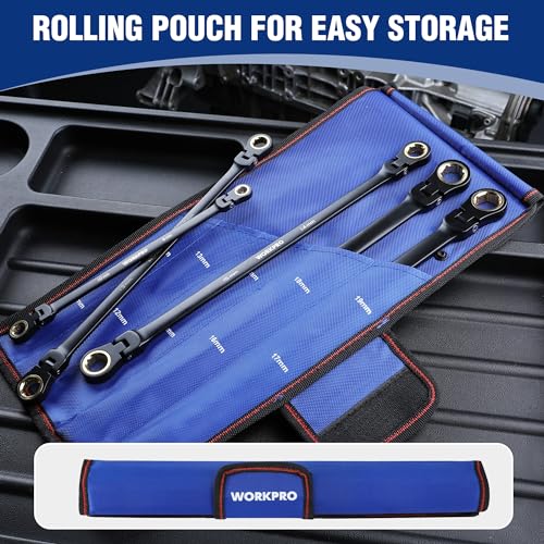 WORKPRO Extra Long Flex-Head Ratcheting Wrench Set, 5-piece Anti-Slip Double Box Wrenches Set, Metric 8-19 mm, 72-Teeth, Cr-V Steel and Black Electrophoretic Coating Wrenches with Rolling Pouch - size: Metric
