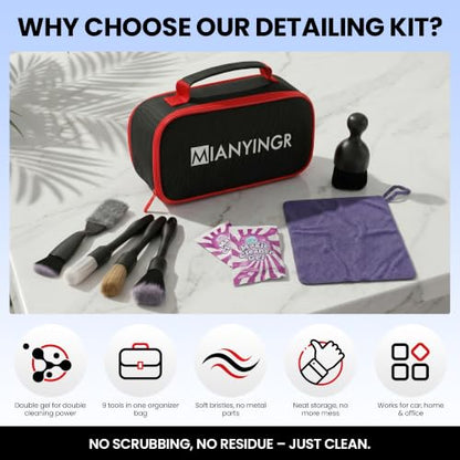 Detailing Brush Set, 9PCS Car Detailing Kit Interior with 2 Cleaning Gel & Towel, Boar Hair Car Detailing Brush, Soft Bristle Dust Brush for Dashboard Vents, Auto Truck SUV RV Accessories