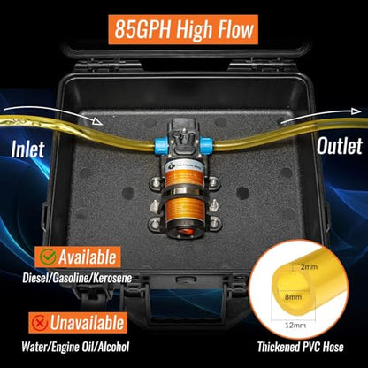 12V Fuel Transfer Pump Set Battery Powered, Moves Up to 85 Gallons Of Gas or Diesel Per Hour with Upgraded Carrying Case & Pulley Lead Pipe, for Vehicles, Boats, Equipment, Gasoline, Diesel - color: 85GPH