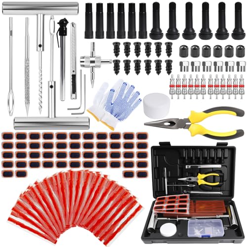 Tire Plug Kit, 160 PCS Tubeless Tire Repair Kit with Metal T-Handle Tools, Repair Strips, Screw-in Repair Plugs, Valve Stem Service Accessories, Pressure Gauge, Gloves & Hard Case - color: 160Pcs Tire Repair Kit
