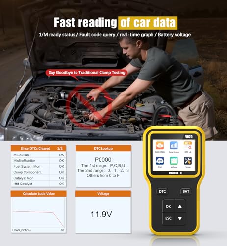 OBD2 Scanner & Battery Tester, Car Diagnostic Tool for Check Engine Light | Read and Clear Error Codes, Check Emission Readiness and Test Battery Status on OBD2 Vehicles Manufactured Since 1996（yellow） - color: yellow