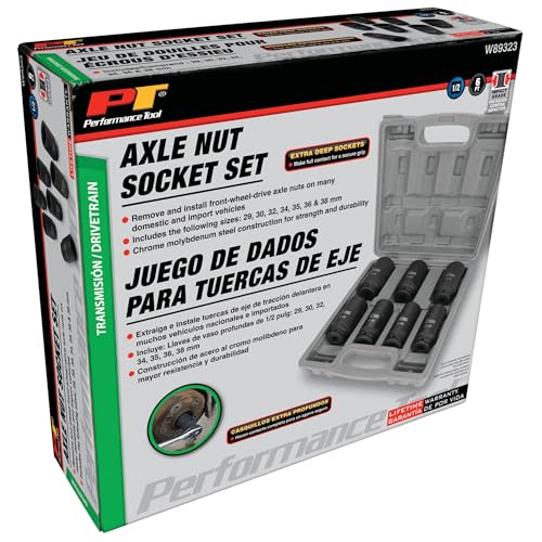 Performance Tool W89323 Axle Nut Socket Set, 1/2" Drive (7 Pieces) - Chrome Molybdenum Steel, Extra-Deep Sockets, Fits Various Domestic and Import Vehicles, Storage Case Included - style: 7 Pc. 1/2" Dr. Axle Nut Socket Set