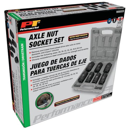 Performance Tool W89323 Axle Nut Socket Set, 1/2" Drive (7 Pieces) - Chrome Molybdenum Steel, Extra-Deep Sockets, Fits Various Domestic and Import Vehicles, Storage Case Included - style: 7 Pc. 1/2" Dr. Axle Nut Socket Set