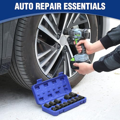 WORKPRO 1/2” Drive Shallow Impact Socket Set, Metric Cr-V Steel 6-Point Socket Set with Storage Case for Automotive Maintenance and Repairs (14PCS 10-27mm) - size: 14 PCS, Metric