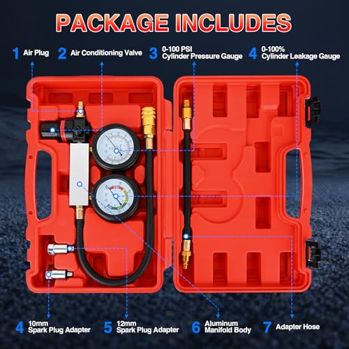 GOOACC Cylinder Leak Down Tester Kit - Dual Gauge Engine Diagnostics Tool for Gasoline Cars & Motorcycles - Detects Blown Head Gaskets & Valve Leaks with 10mm 12mm 14mm 18mm Adapters