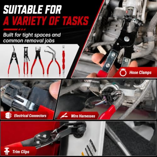 5-Piece Automotive Electrical Disconnect Pliers Kit, Electrical Connector & Terminal Removal Tool Set with Hose Clamp Pliers for Wire Harness, Sensor Plugs & Trim Clips with Storage Bag