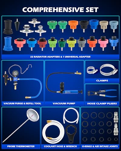 Orion Motor Tech Coolant Pressure Tester Kit, 34pc Universal Coolant Vacuum Refill Kit with 23 Adapters, Cooling System Pressure Tester Kit with Hose Clamp Pliers, Pressure Tester for Coolant System