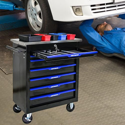 7 Drawer Heavy Duty Rolling Tool Chest, Mobile Metal Lockable Tool Cart with Stainless Steel Worktop, Garage Tool Storage Cabinet for Workshop Auto Repair, Black & Blue, 30.7" H × 25.9" W - size: 7 Drawers