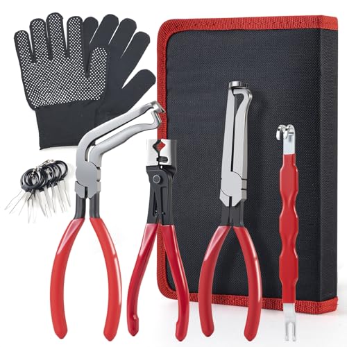 SKOCHE 7 Piece Electrical Disconnect Pliers with Terminal Pin Removal Tool Kit, Black Gloves, Automotive Electrical Plug Connector Disconnect Tool for Cars, Connector Separator and Hose Clamp Pliers
