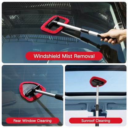 Qydipclin 7pcs Windshield Cleaner Tool Car Window Cleaning Wash Kit with 4 Reusable Microfiber Pads 1 Spray Bottle and Extendable Handle Auto Glass Wiper Kit, Red - color: Red