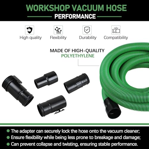 Upgraded 13ft 1-7/8-inch Wet/Dry Shop Vacuum Hose hose with 2-1/2" adapters om each end & 6 Replace Accessories - Green (WS25021A), For Most WORKSHOP Vacs