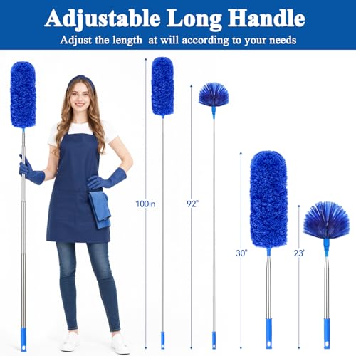 Cobweb Duster with Extension Pole 100 inches, Dusters for Cleaning with 2 Duster Heads, Washable Microfiber Feather Duster for Cleaning Ceiling Fan, High Ceiling, Blinds, Furniture & Cars - color: 2pc-blue