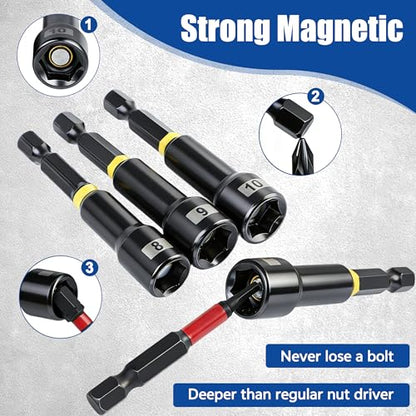 86-Piece Magnetic Impact Nut Driver Set, SAE & Metric, 1/4-Inch Hex Shank | CR-V nut drivers with S2 impact bits and sockets, plus a 90° right-angle drill adapter, flexible extension and mini ratchet. - size: 86pcs
