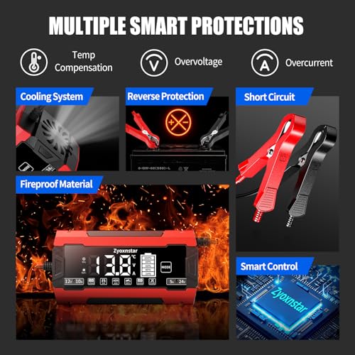 Battery Charger 10 AMP, 12V/24V LiFePO4 Lead Acid Car Battery Pulse Repair Charger, Smart 10-Stage Maintainer & Trickle Charger w/Temp Compensation