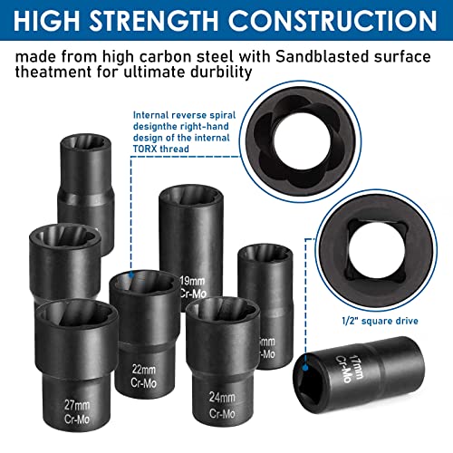 Lug Nut Removal Tool,10 Piece Lug Nut Extractor Set 1/2 Inch Drive | Easy Out Lug Nut remover for Damaged, Frozen, Studs, Rusted, Rounded-Off Bolts & Nuts Screws - color: 10-piece