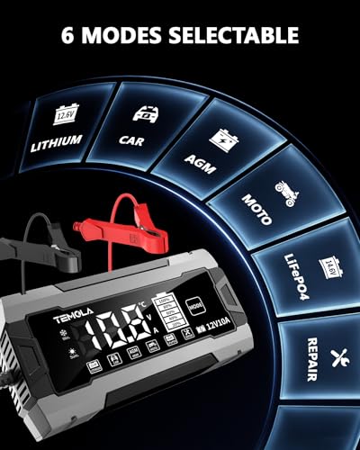 12V 10A Smart Battery Charger Fully Automatic Battery Maintainer Trickle Charger with Pulse Repair LCD Display Temp Compensation for AGM Gel SLA LiFePO4 Flooded Deep Cycle Motorcycle Boat Batteries - color: Gray-Black