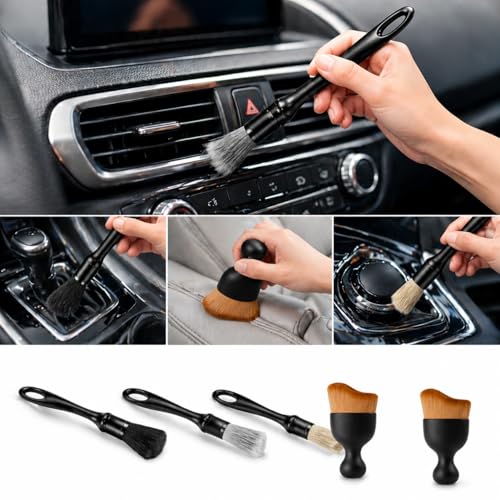 Car Detailing Brush Kit, 5PCS Auto Cleaning Brushes Set with Soft Boar Hair and Vent Brushes, Interior and Exterior Detailing Tools for Dashboard Wheels Air Vents, Universal Car Cleaning Kit