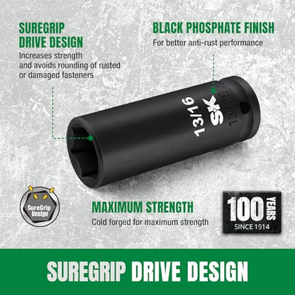 SK 1/2" Drive Impact Socket Set, Deep SAE Sockets, 13-Piece 7/16" to 1-1/4", Premium CR-MO Steel, SureGrip 6 Point Design, With Storage Case - size: SAE