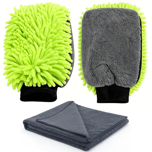 3-Piece Car Wash Kit: 2 Scratch-Free Chenille Microfiber Wash Mitts + 1 Large 400GSM Drying Towel, Lint-Free Auto Cleaning Set for Cars Trucks SUVs RVs | 2 Scratch-Free Chenille Washing Glove + 1 Large 400GSM Drying Towel, Lint-Free Auto Cleaning Set for
