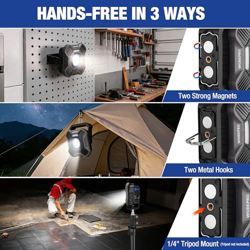 WORKPRO Magnetic Work Light, 4000mAh Rechargeable LED Work Lights, 2000LM | Portable Flood Light with Stand - for Camping, Fishing, Car Repair, Emergency, Job Site Lighting, Mechanic Light with 5 Modes