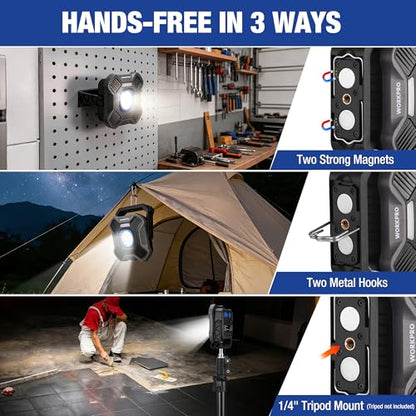 WORKPRO Magnetic Work Light, 4000mAh Rechargeable LED Work Lights, 2000LM | Portable Flood Light with Stand - for Camping, Fishing, Car Repair, Emergency, Job Site Lighting, Mechanic Light with 5 Modes