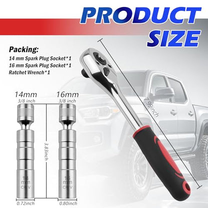 16mm & 14mm Spark Plug Socket with 3/8" Drive Ratchet Wrench | 360° Rotatable 12-Point Magnetic Spark Plug Socket Set with Thin Wall,Professional Sparks Plugs Removal Tool