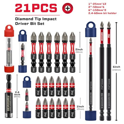 Geinxurn 20Pcs Multi-Size Diamond Coated Impact Screwdriver Bit Set, #2 Phillips Power Driver Bits, Magnetic S2 Steel PH2 Screwdriver Bits Set with 1Pcs Screwdriver Bit Holer - style: MIX-PH2-21PC