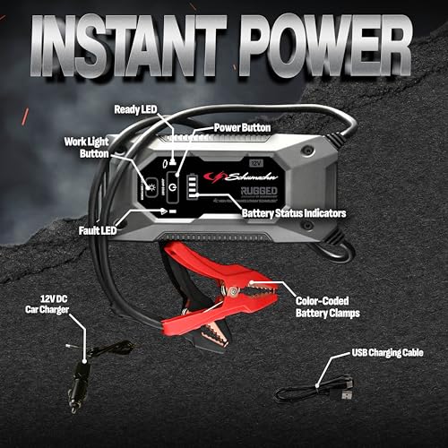 Schumacher Electric 1250A Rugged Lithium Car Battery Jump Starter and Portable Power Pack/Jump Box, 3-in-1 Solution, 2.4A USB Charging, for 12V Power Sport, Automotive, and Marine Batteries, SL1648 - style: 1250 Amp