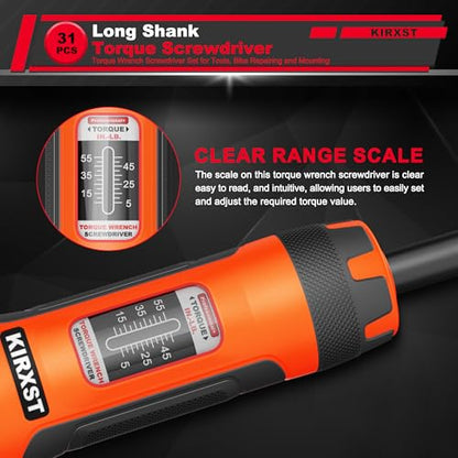 32 PCS 1/4" Drive Long Shank Torque Screwdriver, 5-55 Inch Pound Torque Screwdriver Set with S2 Bits and Socket Adapter for Maintenance, Tools, Bike Repairing and Mounting - size: 5-55inch.L